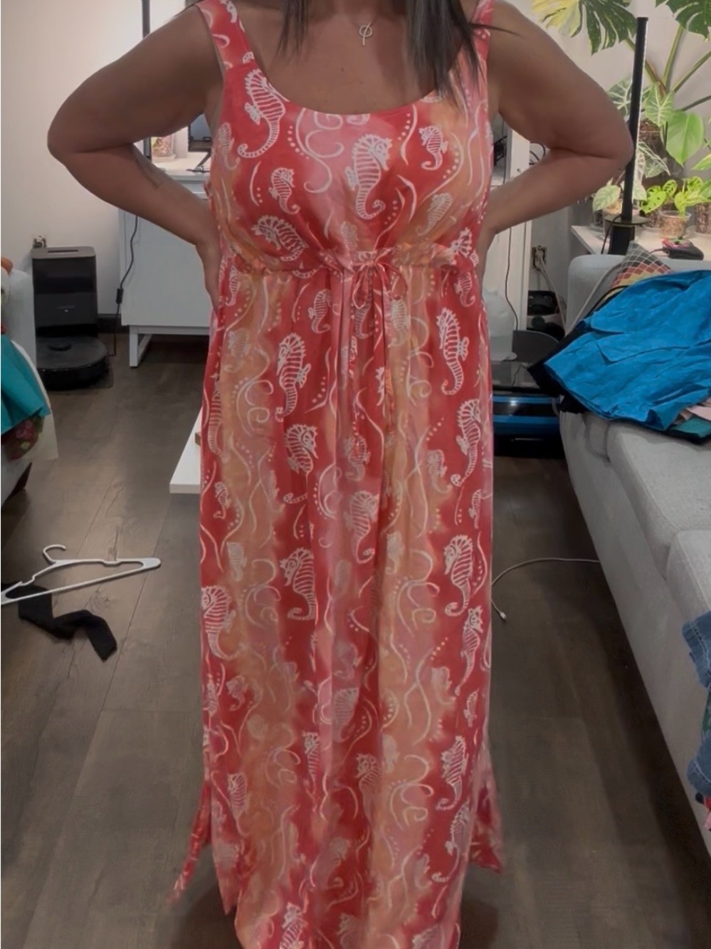 West Indies XL Coral Seahorse Print Maxi Dress 100% Viscose Resort Beach Boho